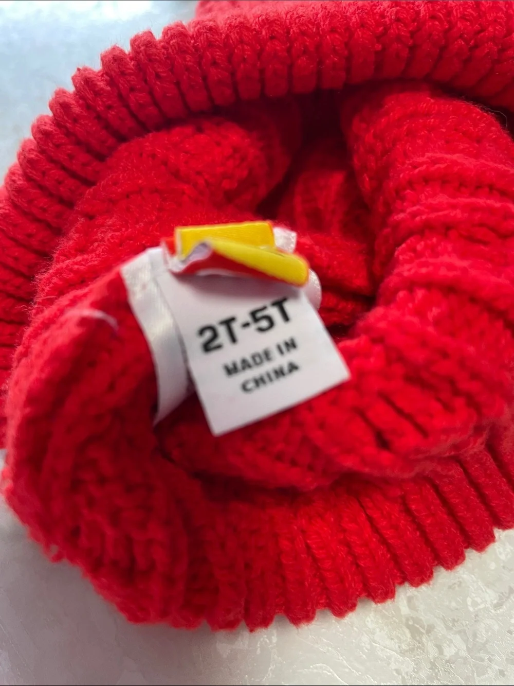 Red Kids Knit Beanie with Yellow Brick Face Patch 2T-5T